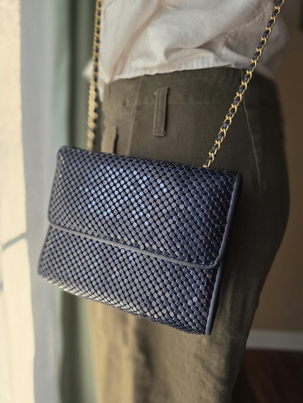 Vintage Whiting & Davis Navy Metal Mesh Evening Bag Gold Chain Vanity Purse